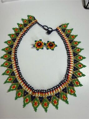 Handmade Green Multi-Color Beaded Necklace & Earring Set